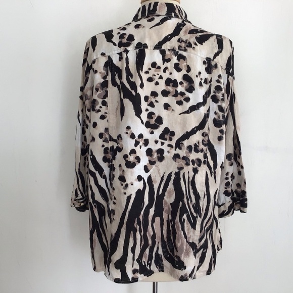 Animal print 100% linen button up 3/4 sleeve petite Plus sz JM Collction top 16P - Picture 2 of 7
